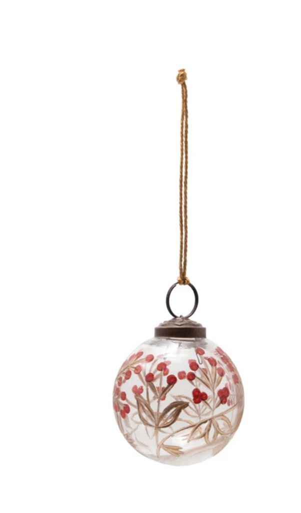 Hand-Painted Etched Glass Ball Ornament with Berry Design