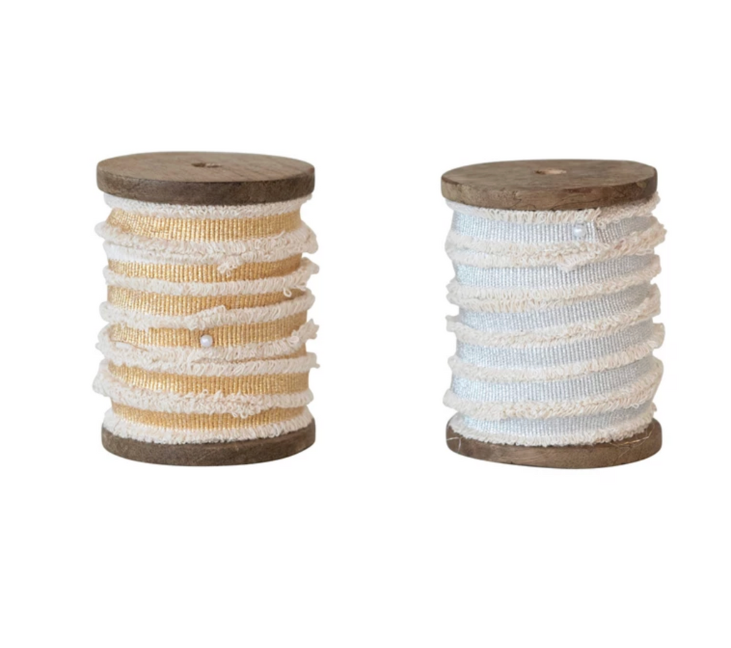 10 Yard Cotton Ribbon w/ Metallic Thread & Fringe on Wood Spool, 2 Colors