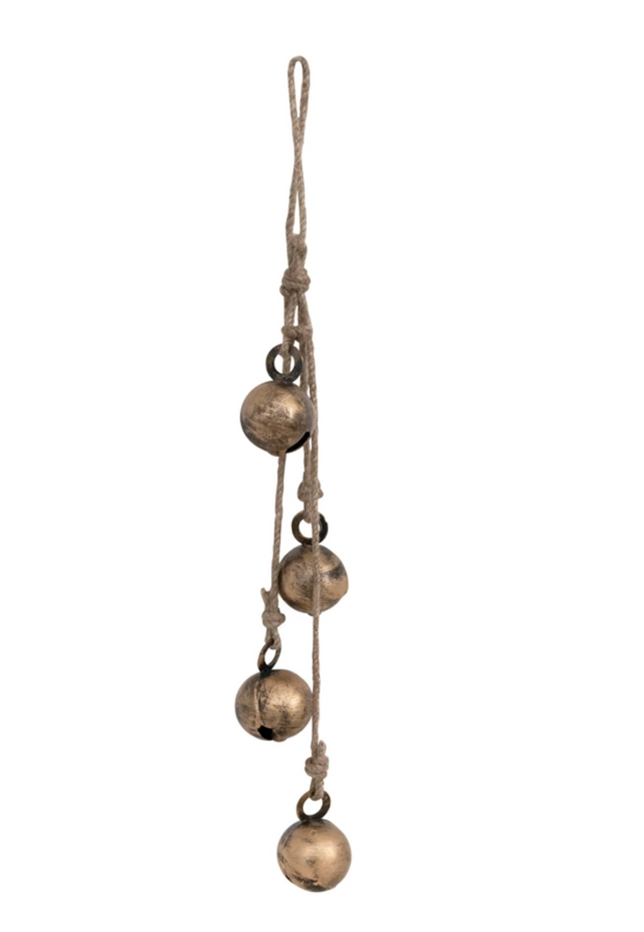 11-1/2"H Hanging Metal Jingle Bells with Jute Rope, Antique Brass Finish