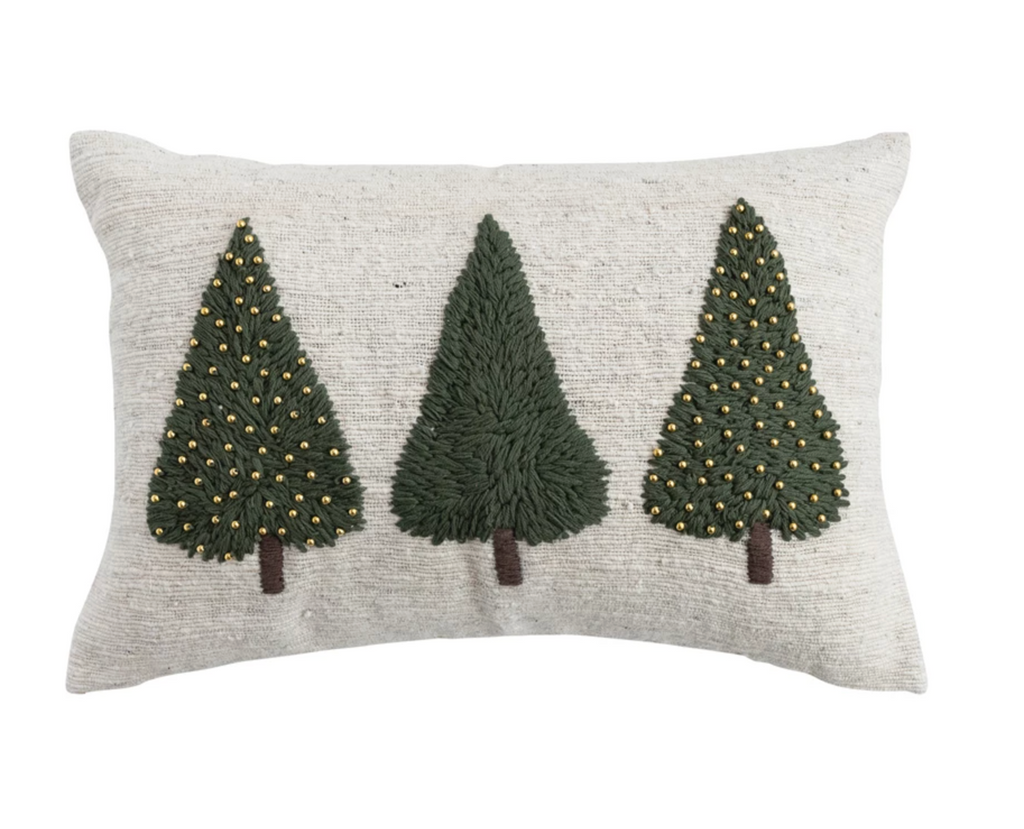 Hand-Woven & Wool Lumbar Pillow with Embroidered Trees & Beads