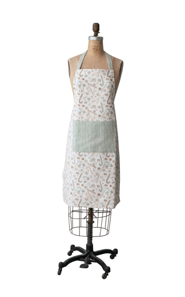 Cotton Printed Apron with Holiday Candy Pattern & Pocket