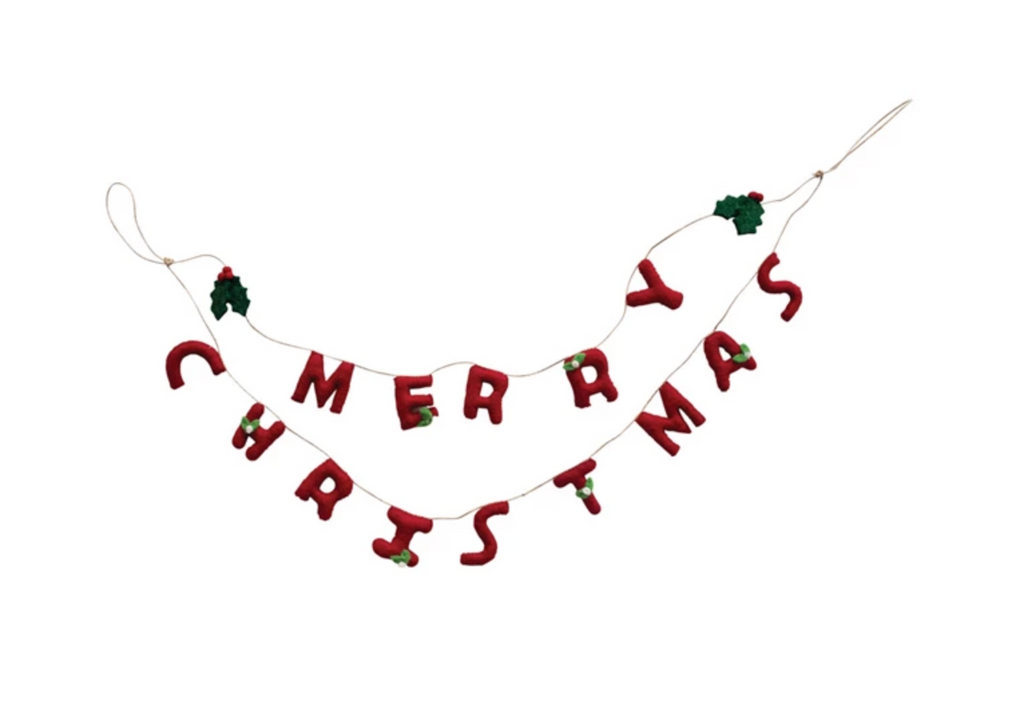 Handmade Wool Felt Garland w/ Holly Leaves & Berries "Merry Christmas", Red & Green