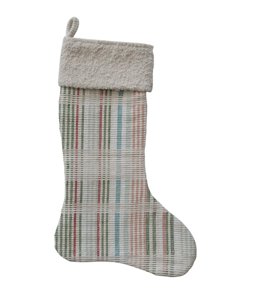 20"H Woven Cotton Stocking with Faux Sherpa Cuff, Multi Color Plaid