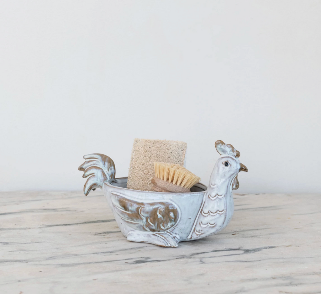 Stoneware Chicken Shaped Sponge Holder/Soap Dish (Each Varies)
