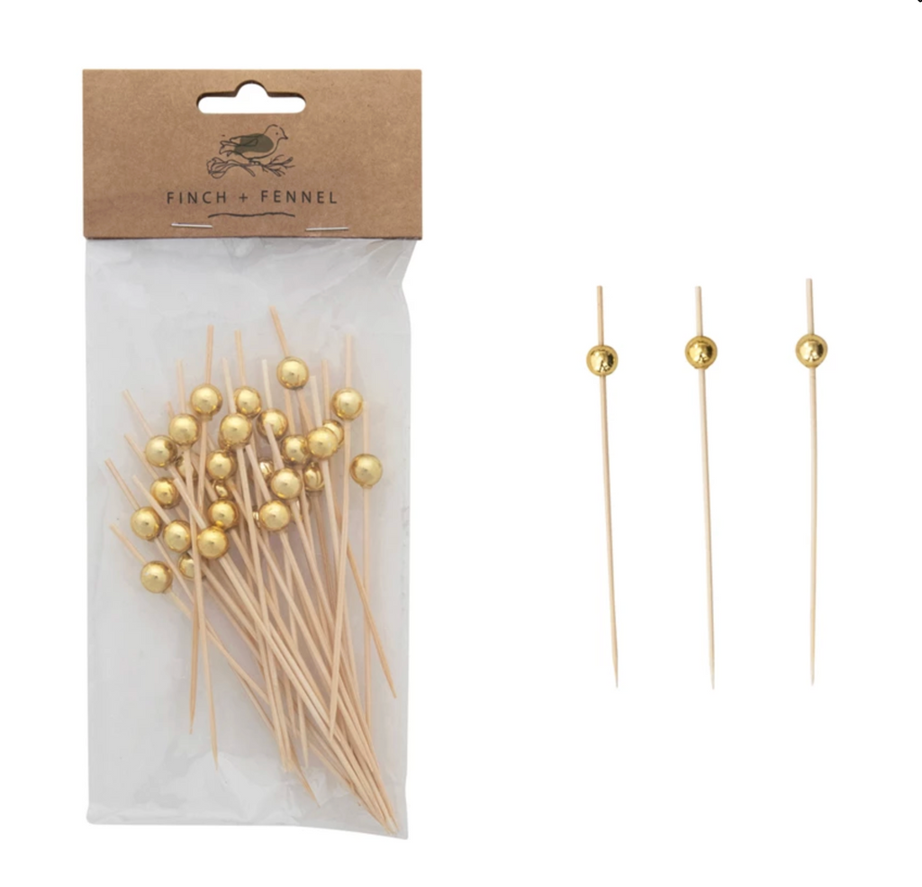 Bamboo Single Use Picks w/ Ball Handles, Natural & Gold Finish, Set of 50
