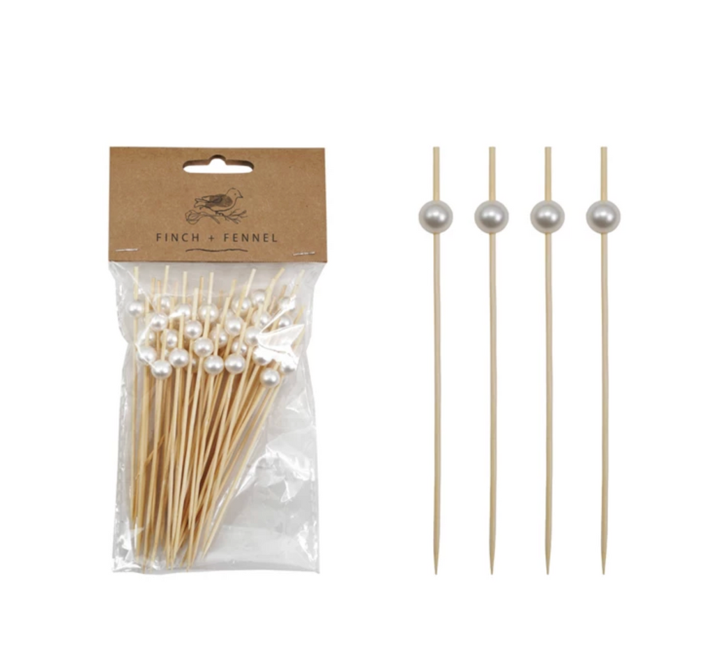 Bamboo Single Use Picks w/ Faux Pearl Handles, Natural & White, Set of 50
