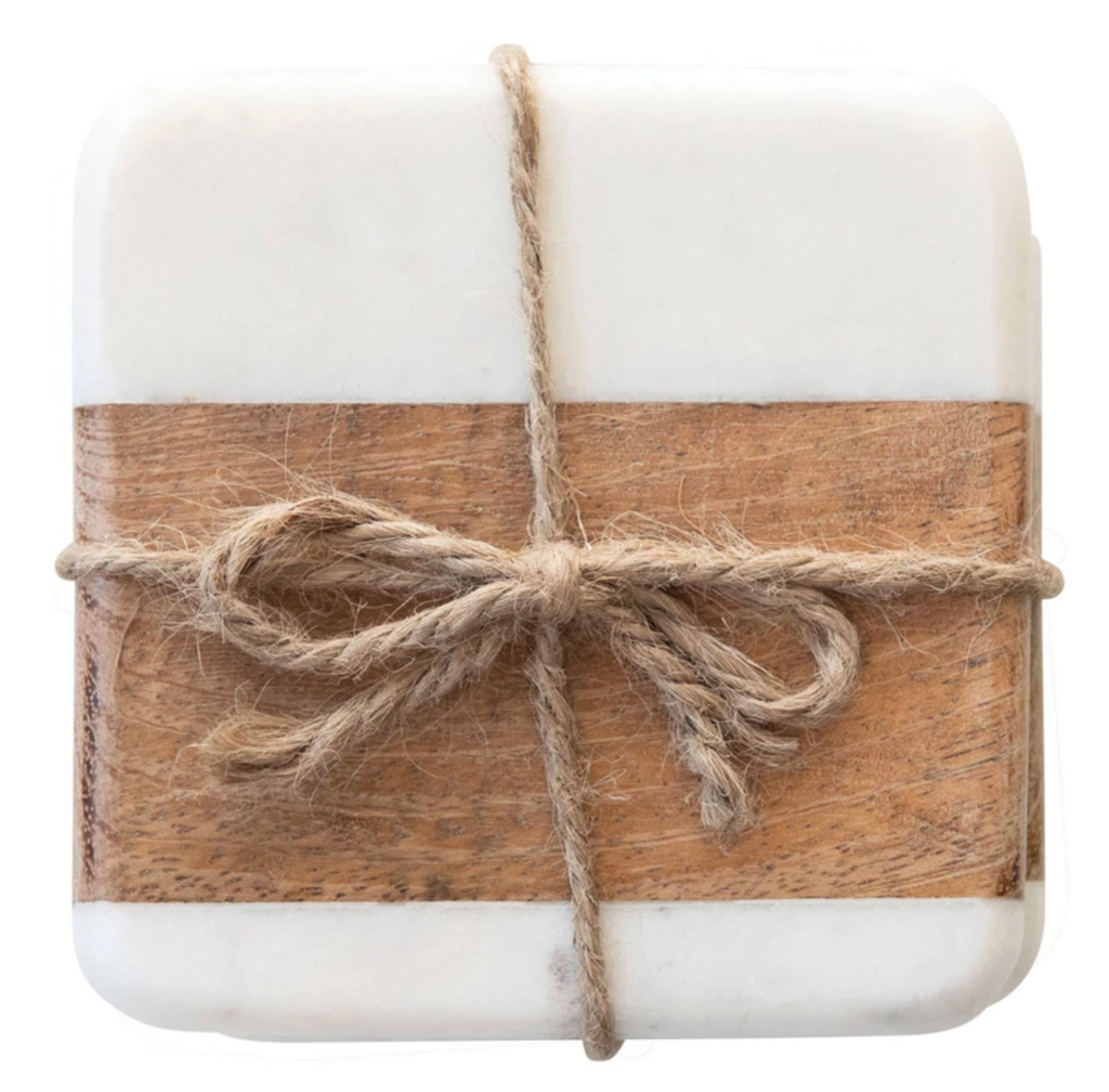 Marble and Acacia Wood Coasters, Set of 4