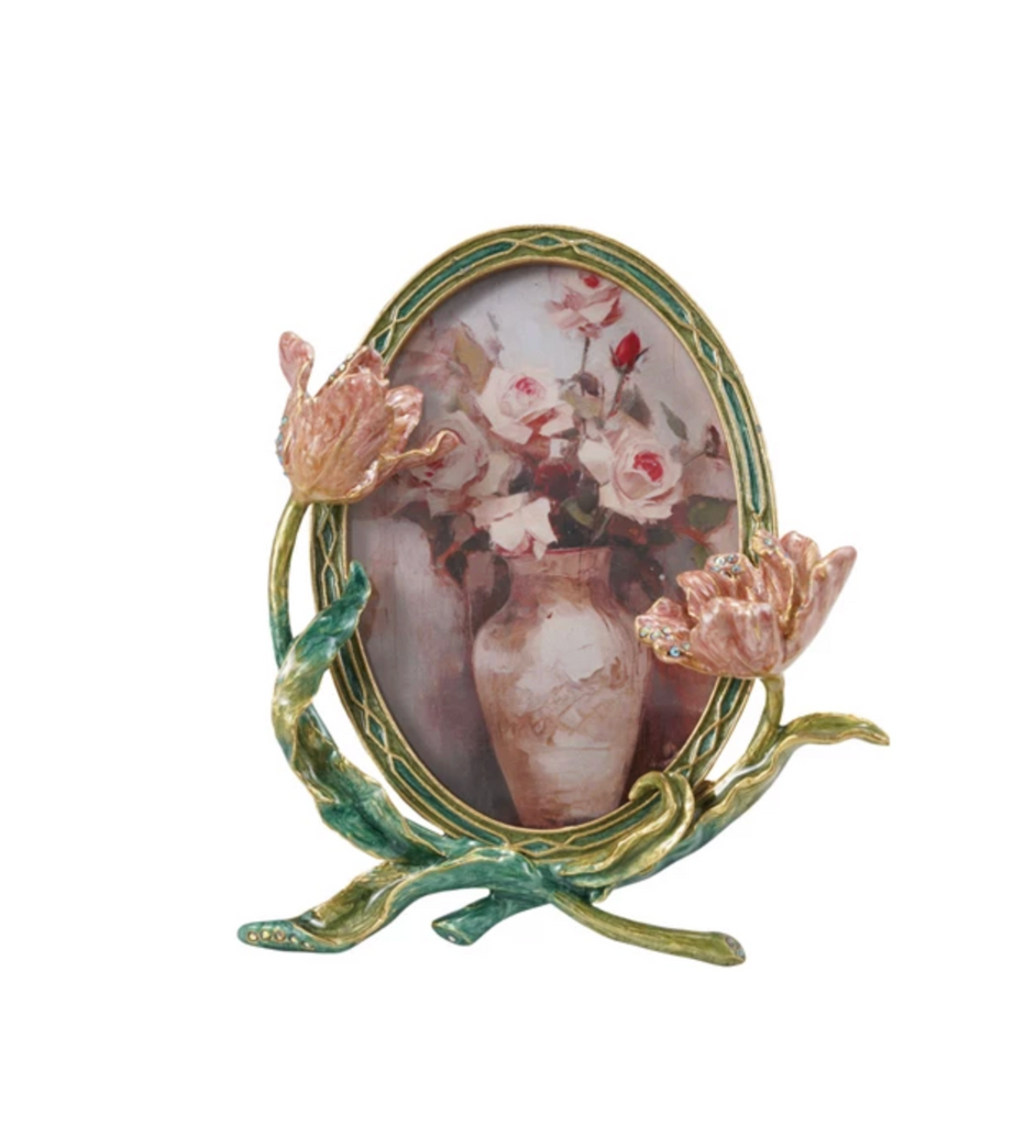 Enameled Metal Photo Frame w/ 3D Flowers & Jewels (Holds 3-1/2"W x 5"H Photo)