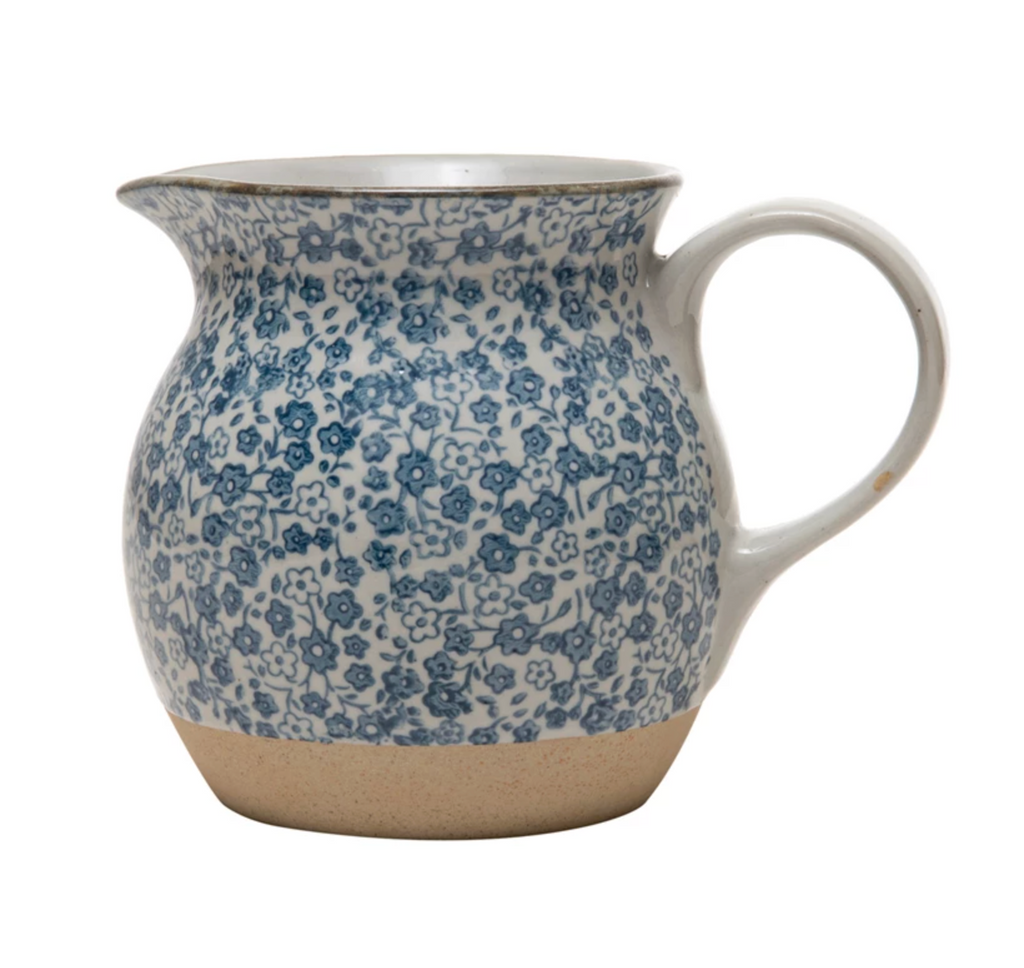 Hand-Painted Stoneware Pitcher with Floral Print