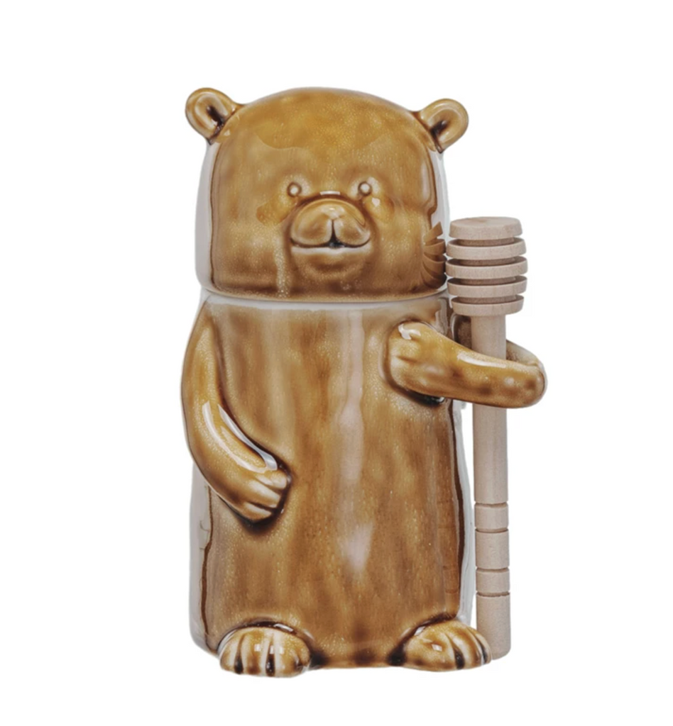 Stoneware Honey Jar w/ Wood Honey Dipper, Set of 2 (Each One Will Vary)