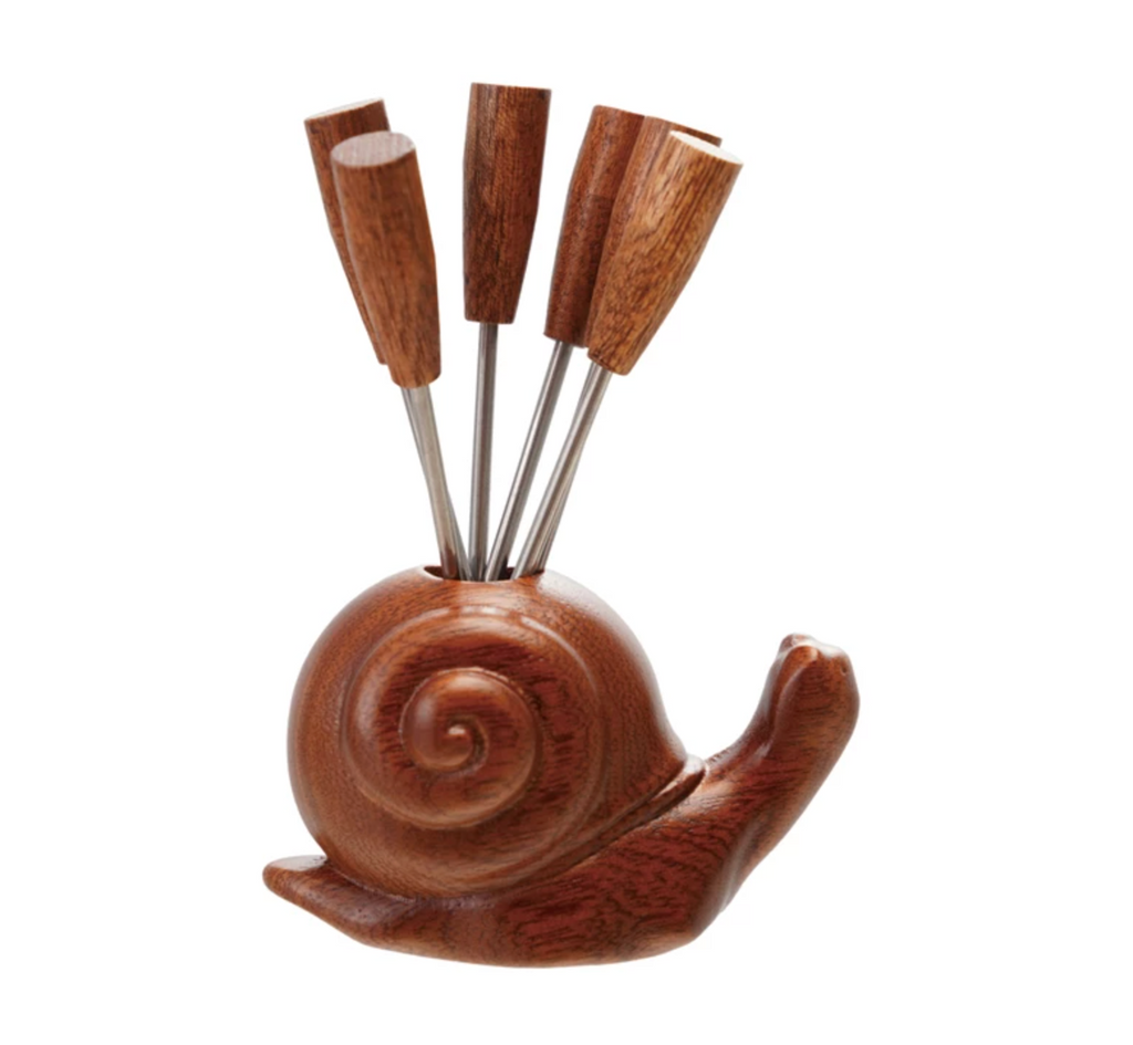 Wood Snail Shaped Holder with 6 Appetizer Picks, Set of 7