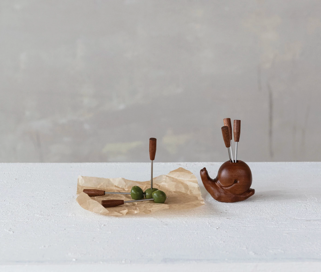 Wood Snail Shaped Holder with 6 Appetizer Picks, Set of 7
