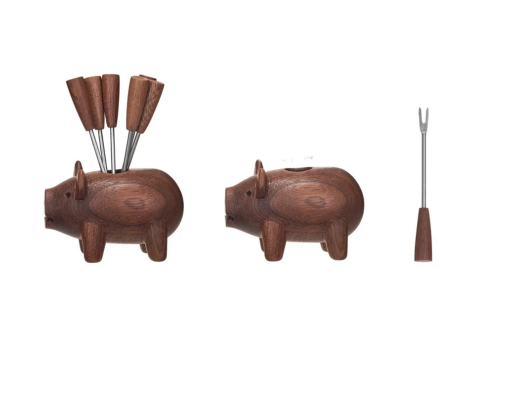 Sapele Wood Pig Shaped Holder w/ 6 Appetizer Forks, Set of 7