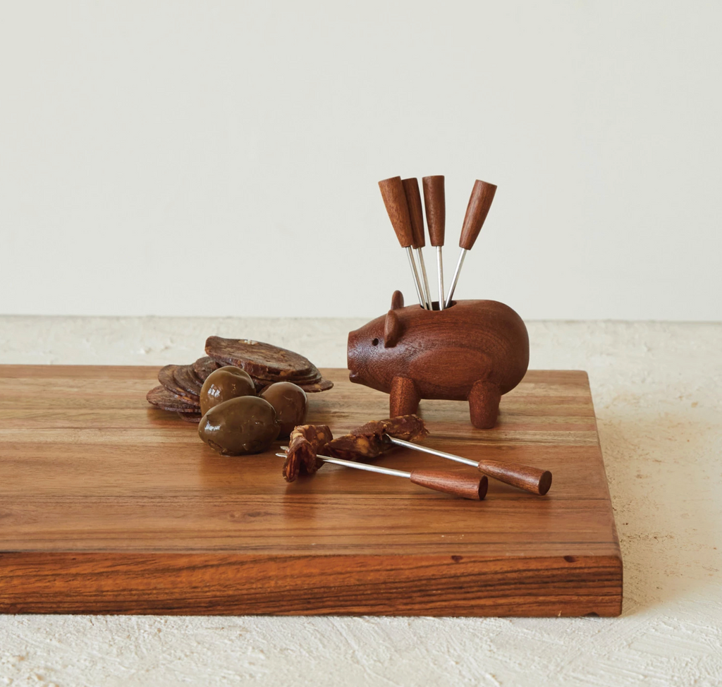 Sapele Wood Pig Shaped Holder w/ 6 Appetizer Forks, Set of 7