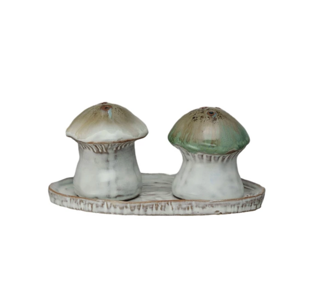 Stoneware Salt & Pepper Shakers w/ Tray, Set of 3 (Each One Will Vary)