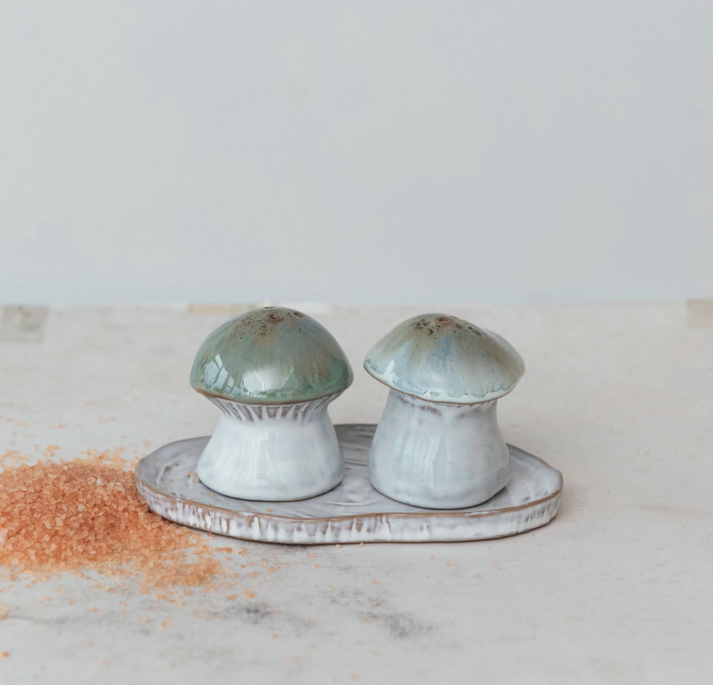 Stoneware Salt & Pepper Shakers w/ Tray, Set of 3 (Each One Will Vary)