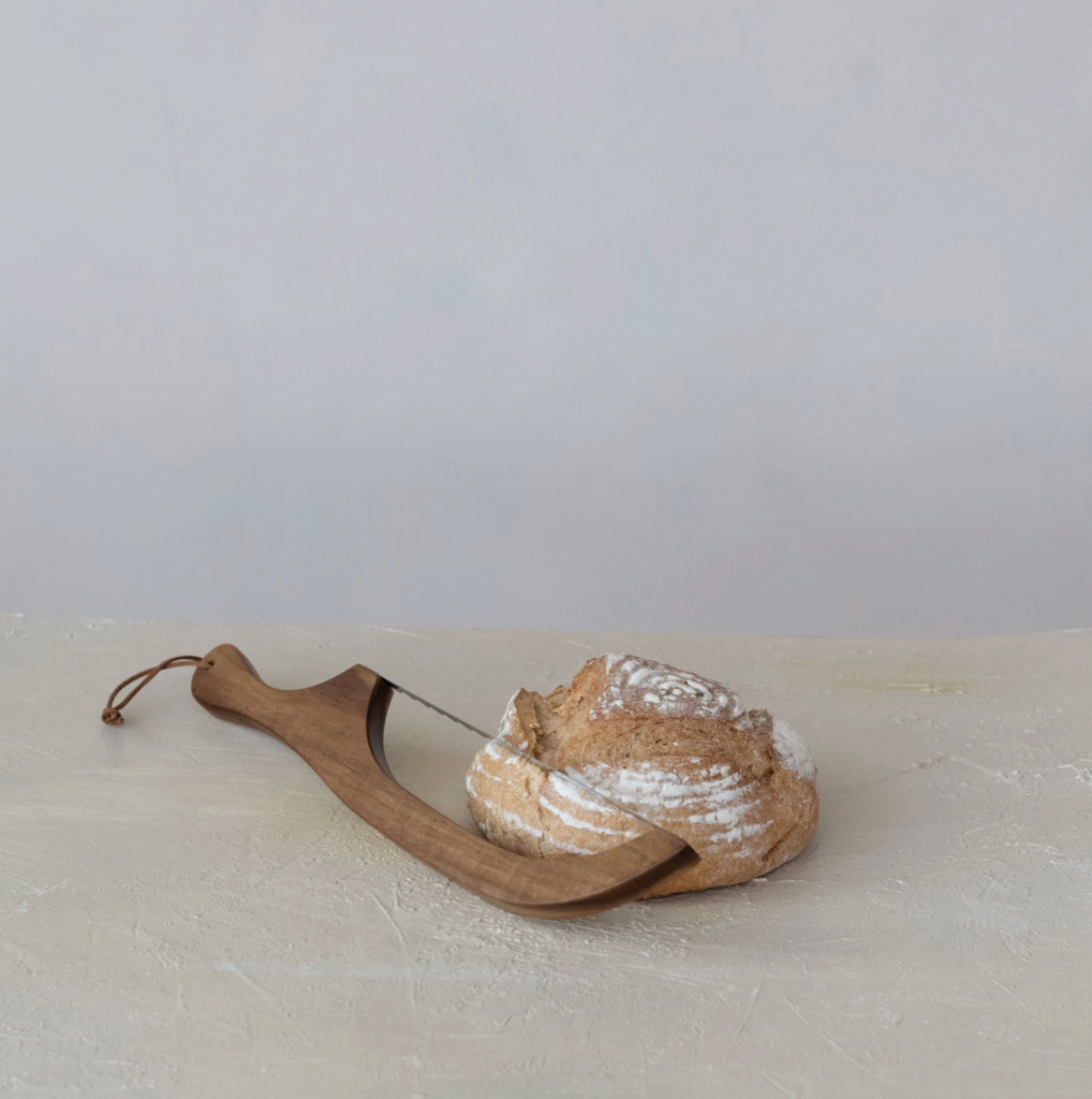 Wood Bread Bow Knife w/ Stainless Steel Blade & Faux Leather Tie, Natural