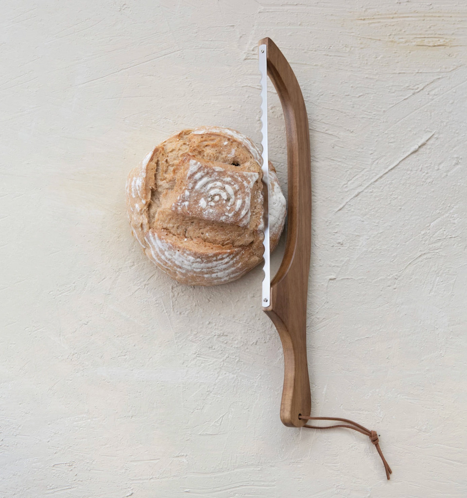 Wood Bread Bow Knife w/ Stainless Steel Blade & Faux Leather Tie, Natural