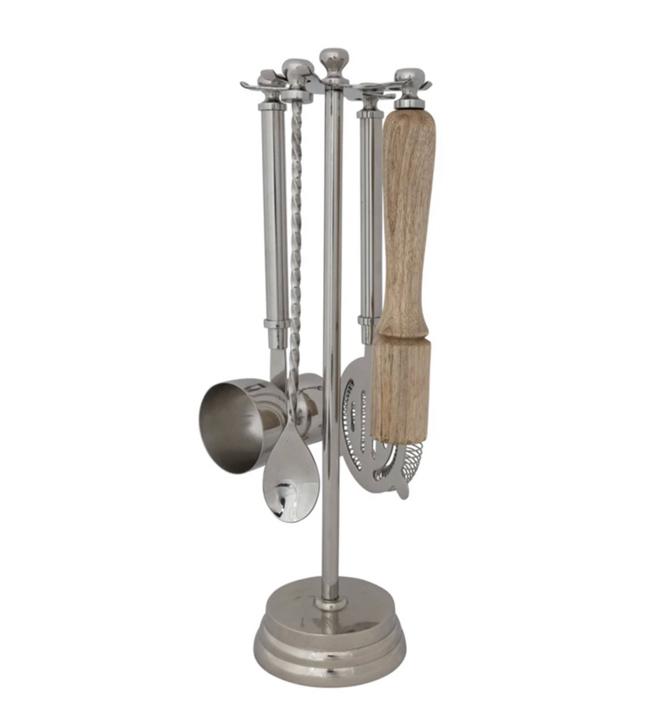 Stainless Steel & Mango Wood Bar Tools with 13"H Stand, Set of 5