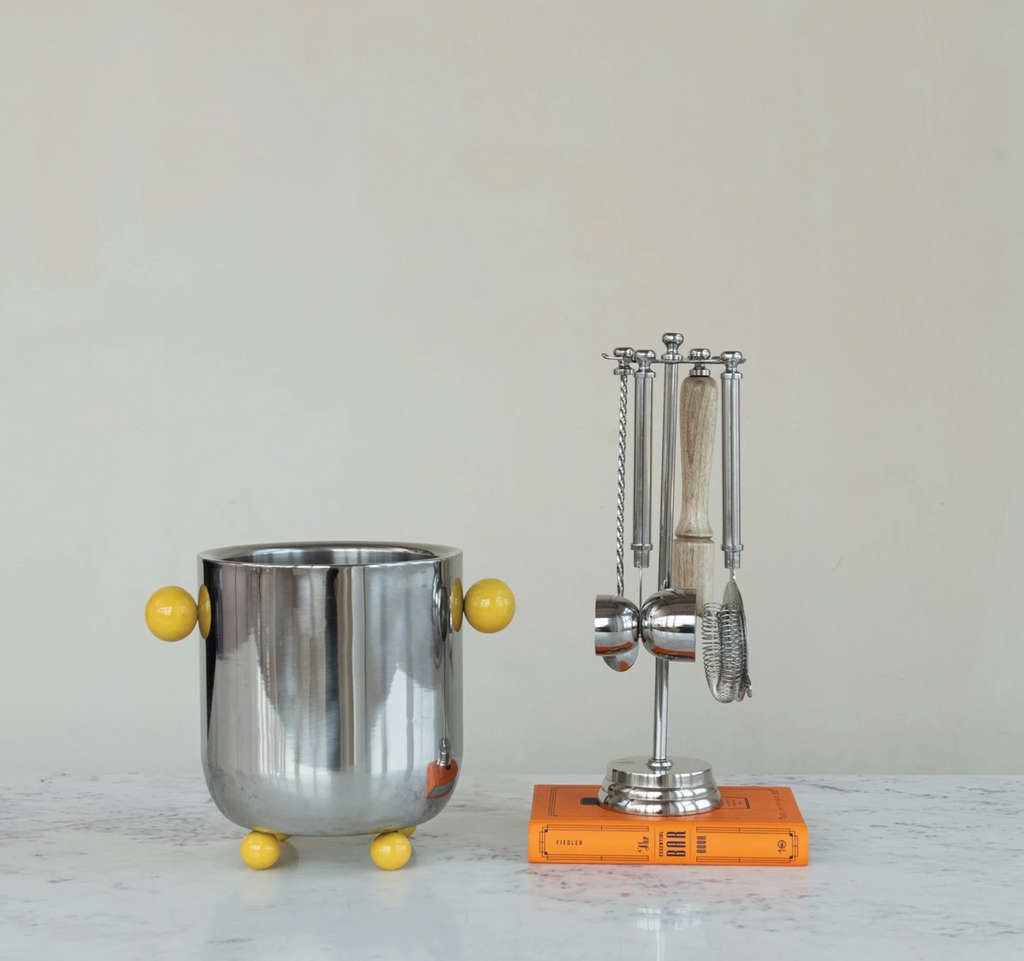 Stainless Steel & Mango Wood Bar Tools with 13"H Stand, Set of 5