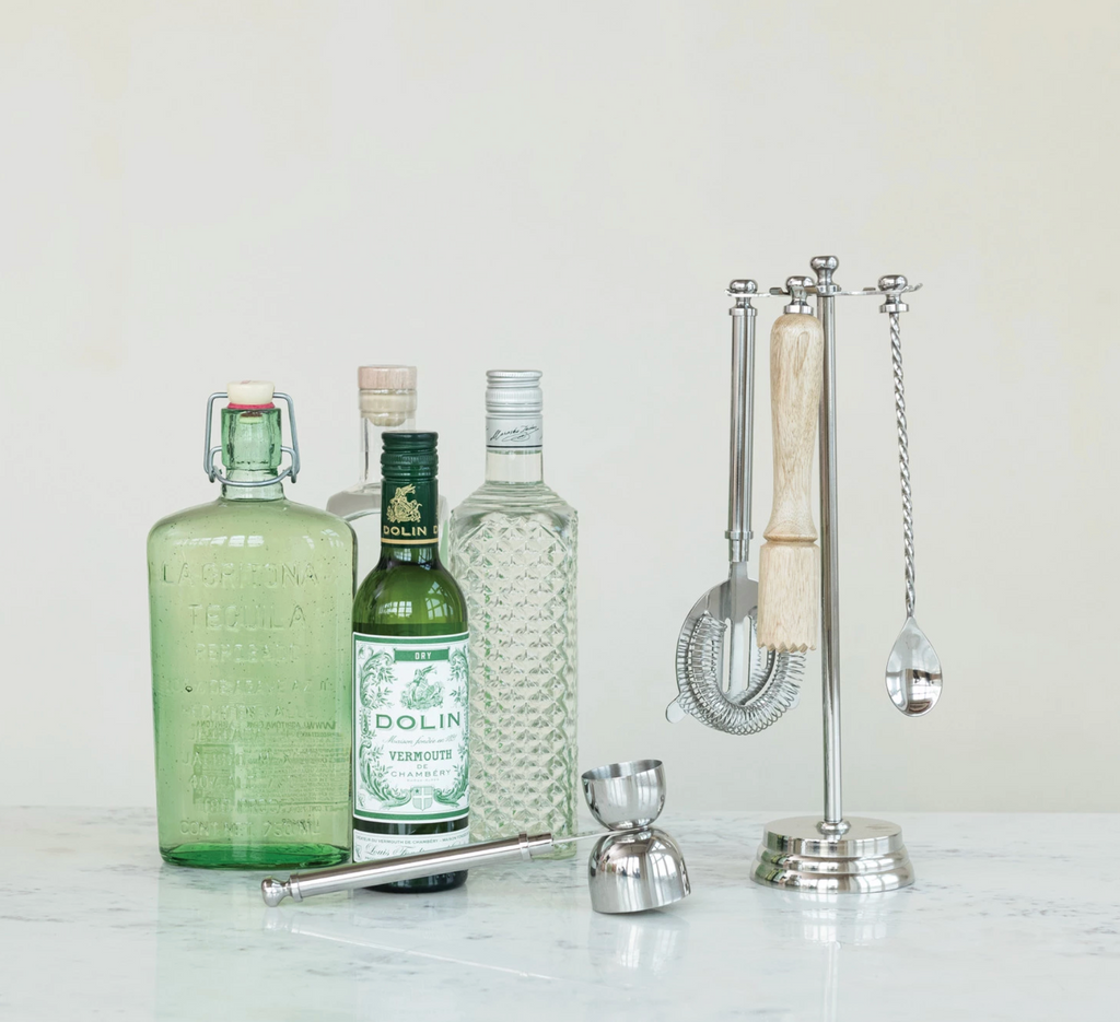 Stainless Steel & Mango Wood Bar Tools with 13"H Stand, Set of 5