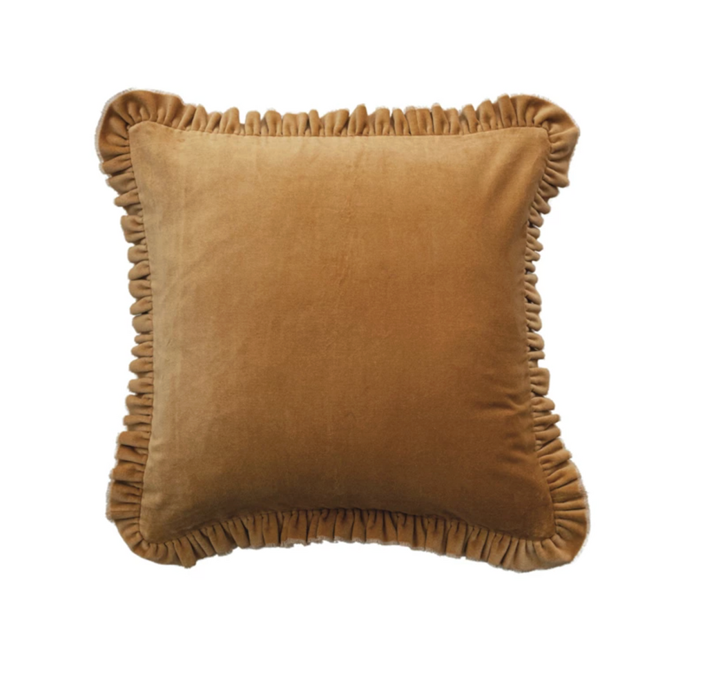 20" Square Cotton Velvet Pillow w/ Ruffled Trim, Mustard Color