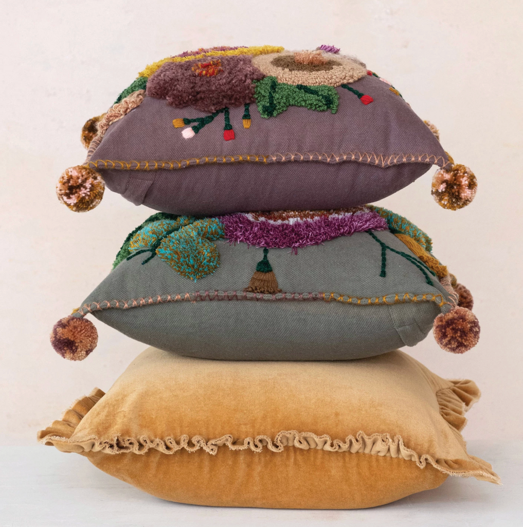 20" Square Cotton Velvet Pillow w/ Ruffled Trim, Mustard Color