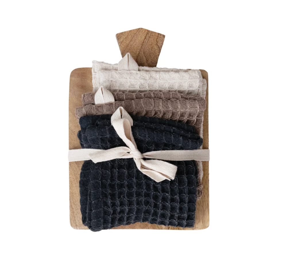 (3) Waffle Weave Dish Cloths w/ Cheese/Serving Board, Set of 4 Tied w/ Cotton Tape