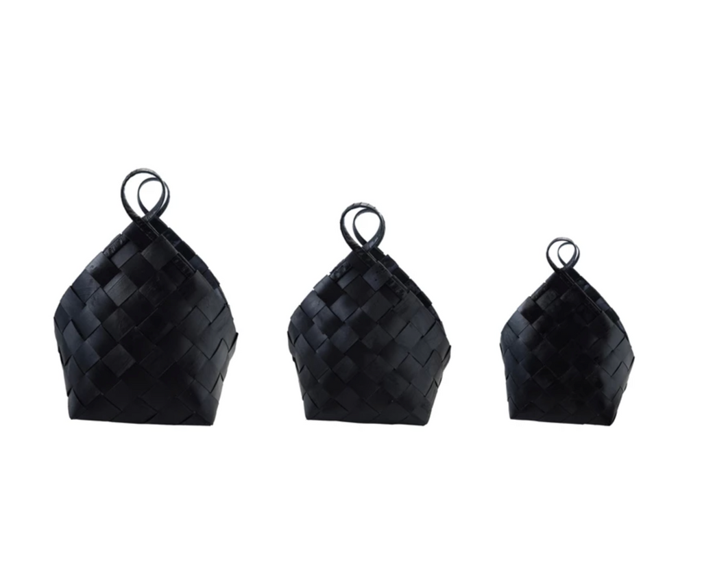 Woven Wood Baskets with Handles, Black