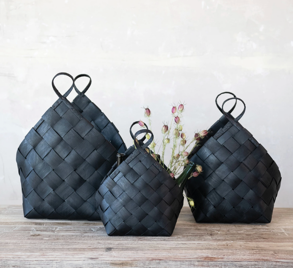 Woven Wood Baskets with Handles, Black
