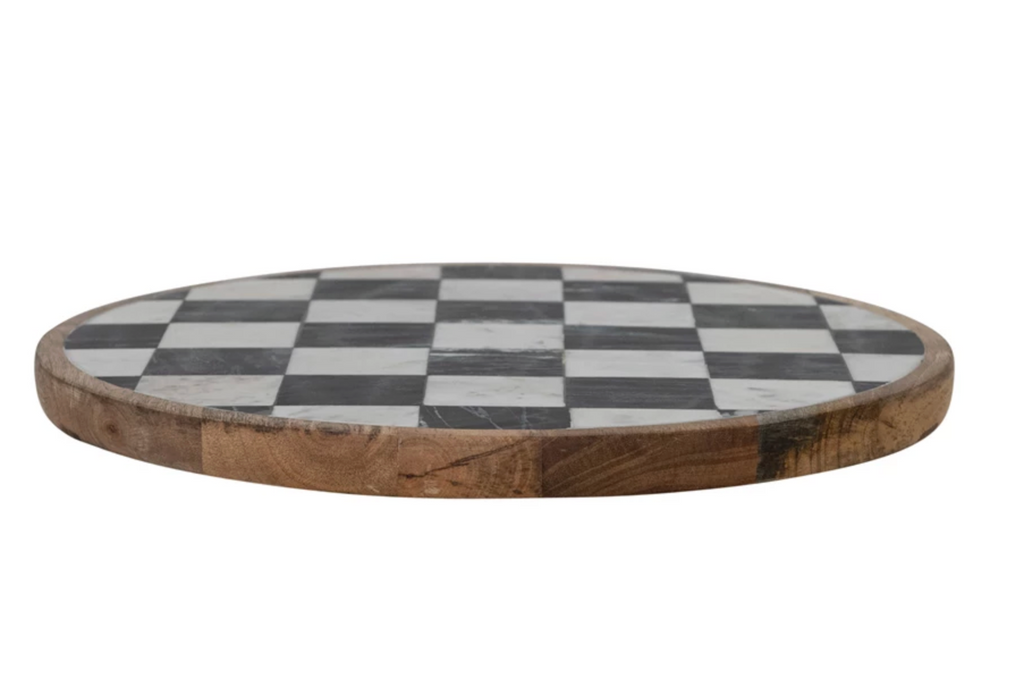 Mango Wood & Marble Check Lazy Susan, White, Black & Natural (Each One Will Vary)