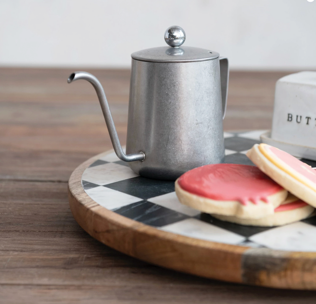 Mango Wood & Marble Check Lazy Susan, White, Black & Natural (Each One Will Vary)