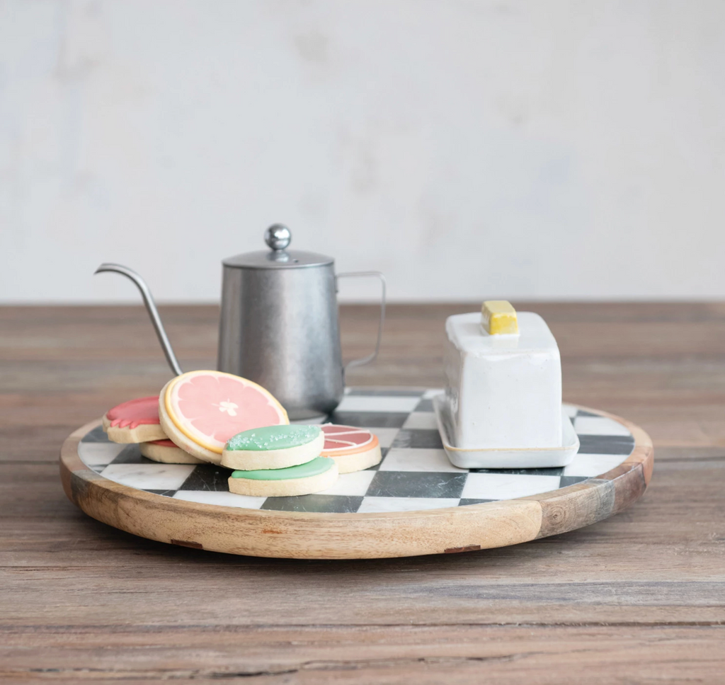 Mango Wood & Marble Check Lazy Susan, White, Black & Natural (Each One Will Vary)