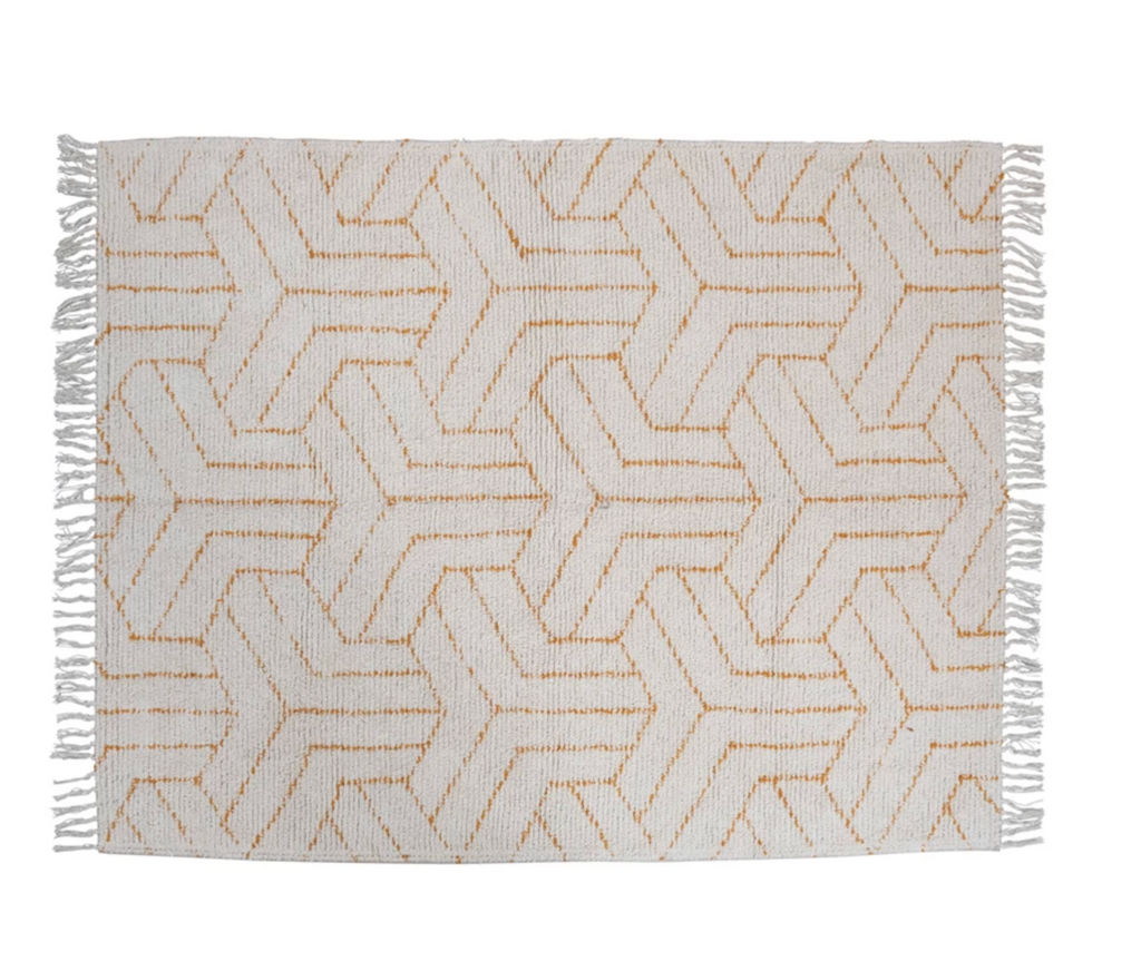 Stonewashed Cotton Tufted Rug with Geometric Pattern and Fringe