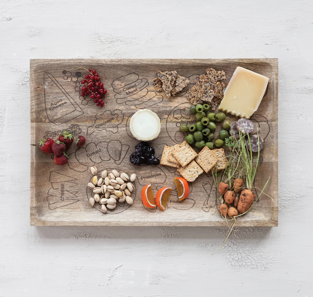 Mango Wood Cheese/Serving Board with Etched Charcuterie Spread