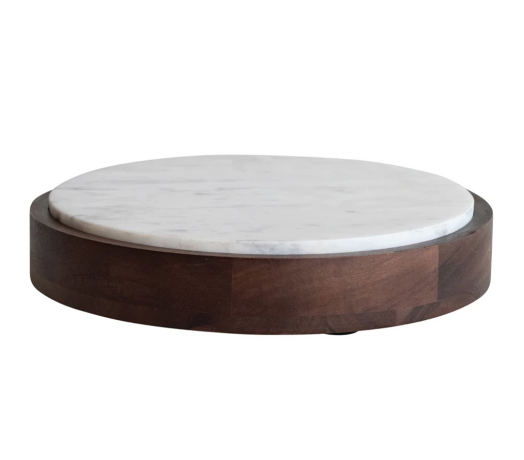 Mango Wood & Marble Pedestal with Removable Marble Tray, Set of 2