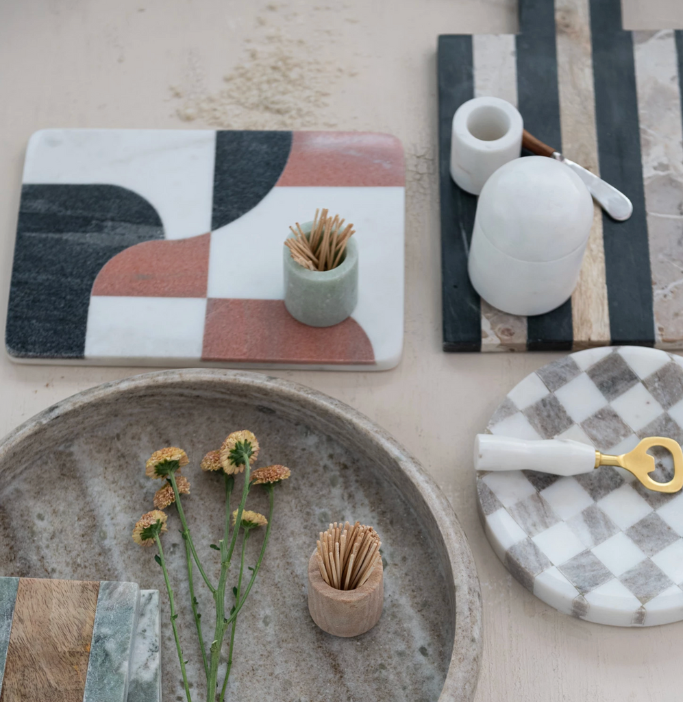 Marble Board with Leather Tie & Canape Knife, Set of 2 Tied with Jute