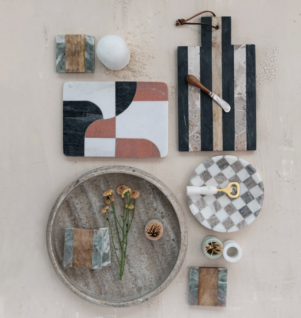 Marble Board with Leather Tie & Canape Knife, Set of 2 Tied with Jute