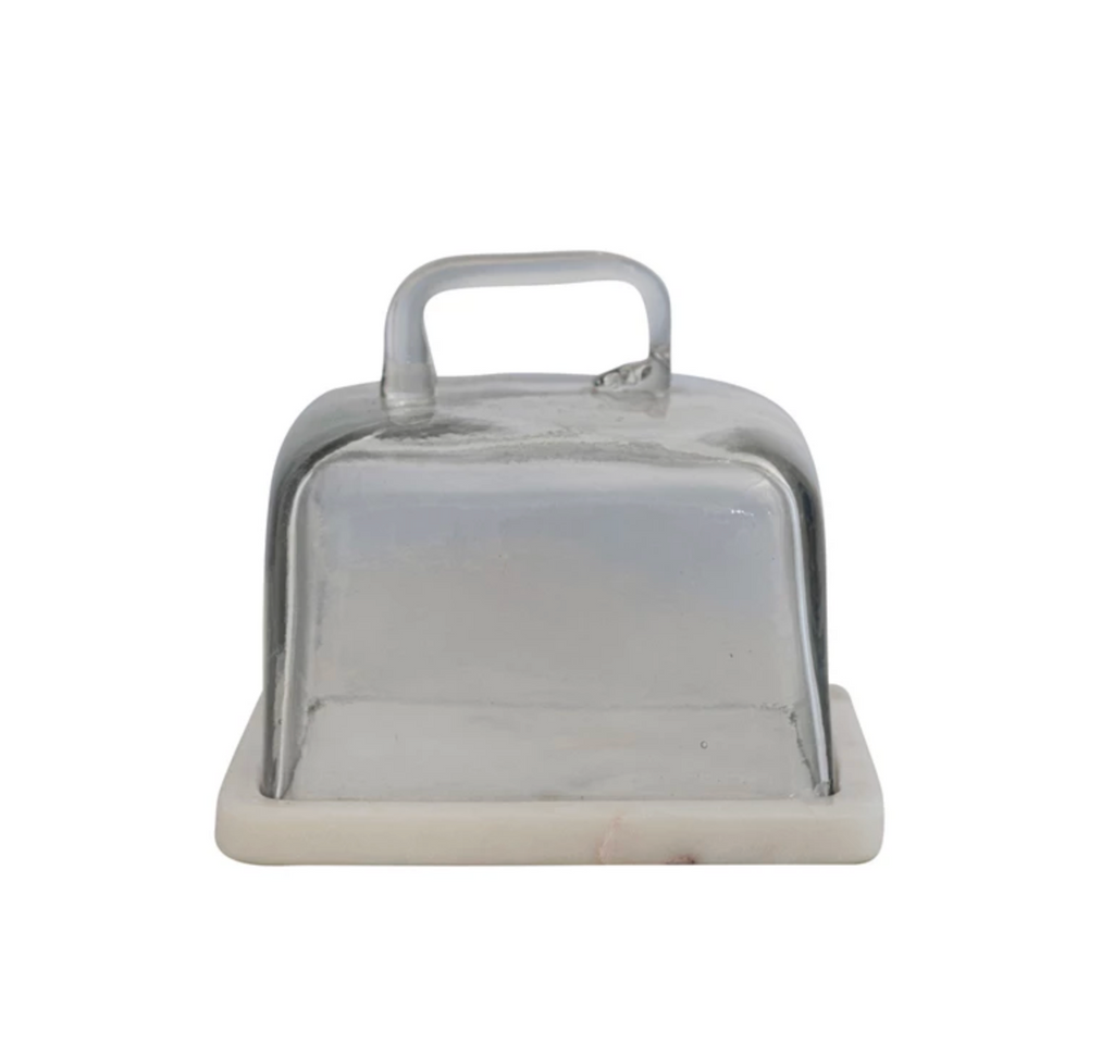 Glass Cloche w/ White Marble Base & Handle, Set of 2