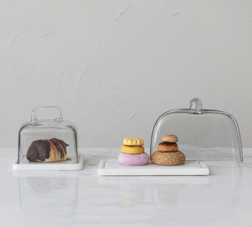 Glass Cloche w/ White Marble Base & Handle, Set of 2