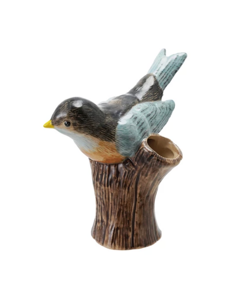 Hand-Painted Stoneware Bird on Log Shaped Vase