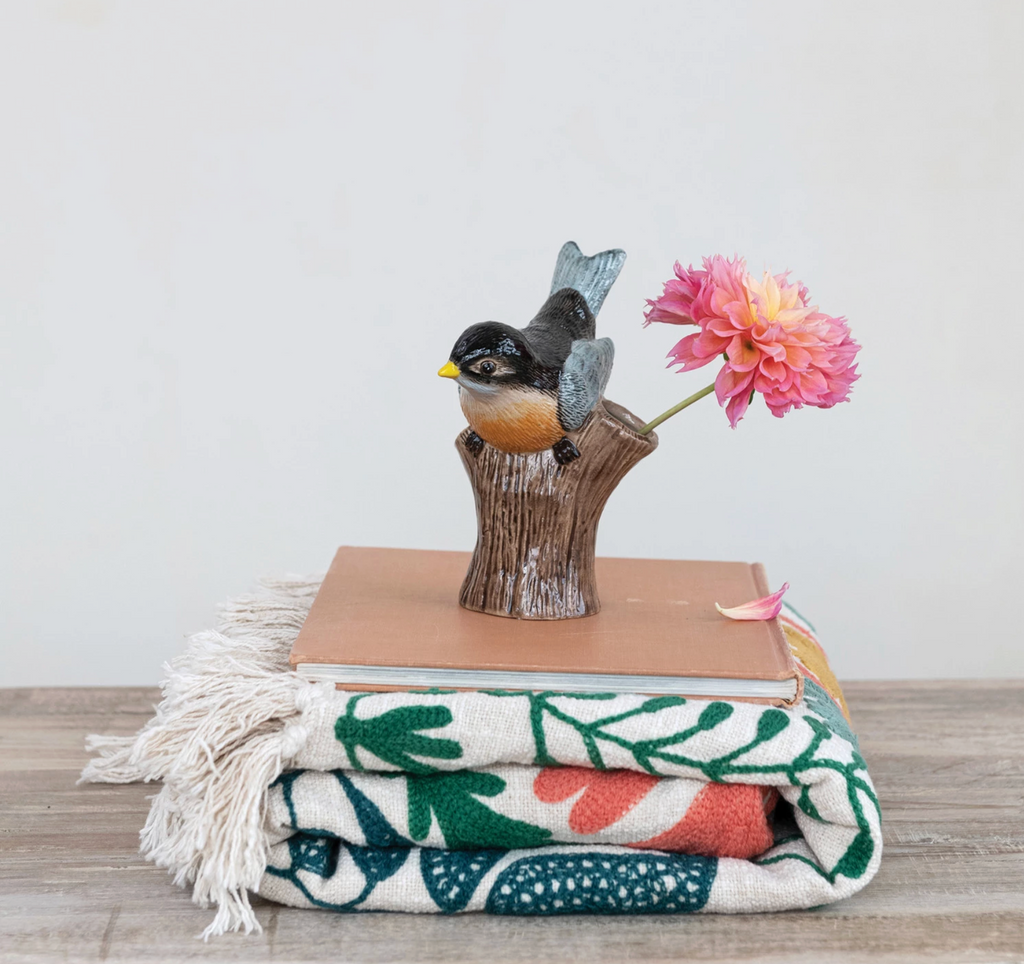 Hand-Painted Stoneware Bird on Log Shaped Vase