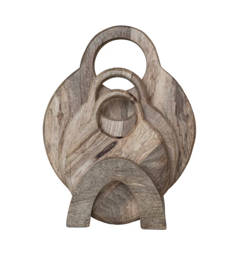 Mango Wood Cheese/Cutting Boards w/ Handles & Stand, Set of 4