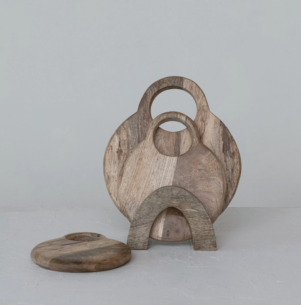 Mango Wood Cheese/Cutting Boards w/ Handles & Stand, Set of 4