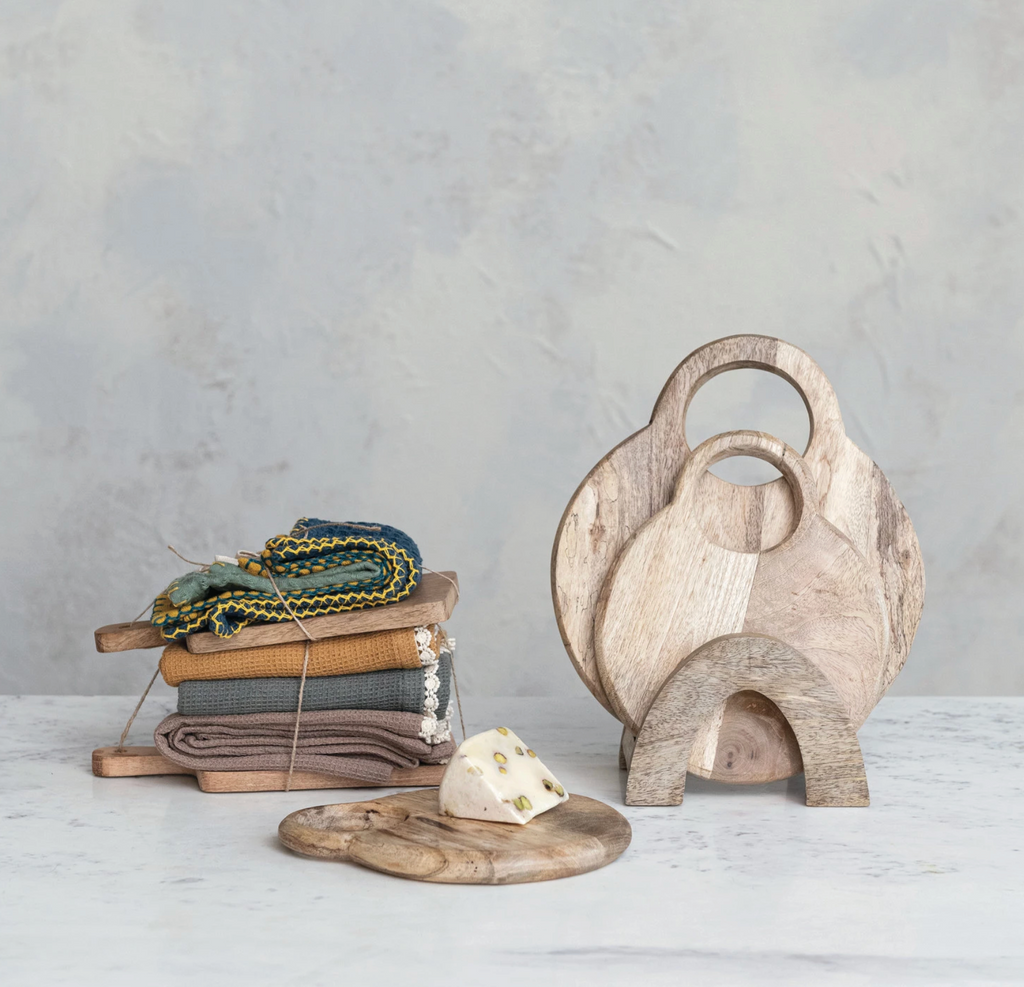 Mango Wood Cheese/Cutting Boards w/ Handles & Stand, Set of 4