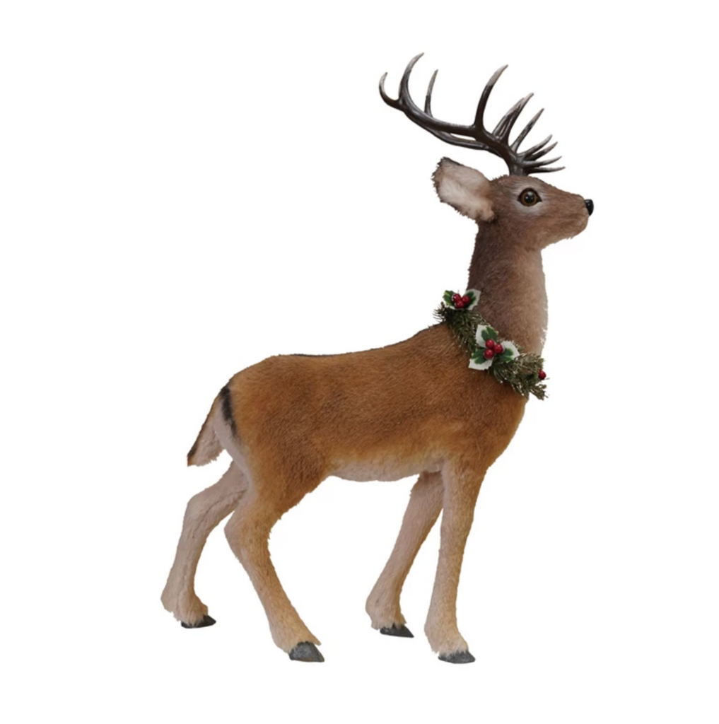 Foam & Faux Fur Deer with Wreath, Multi Color