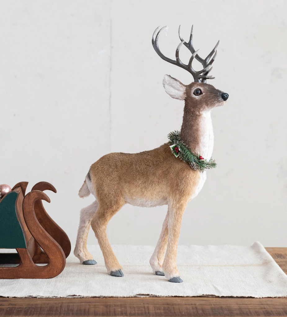 Foam & Faux Fur Deer with Wreath, Multi Color