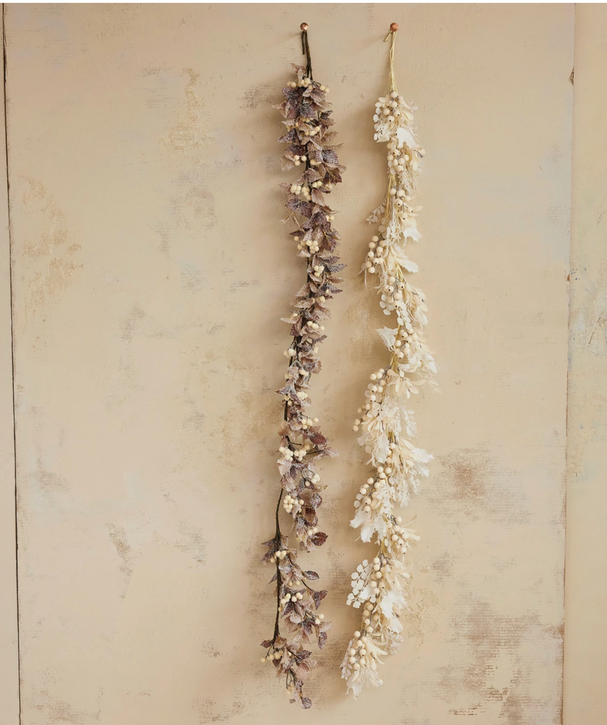 Faux Garland with Berries, Snow Finish, Brown & Cream Color