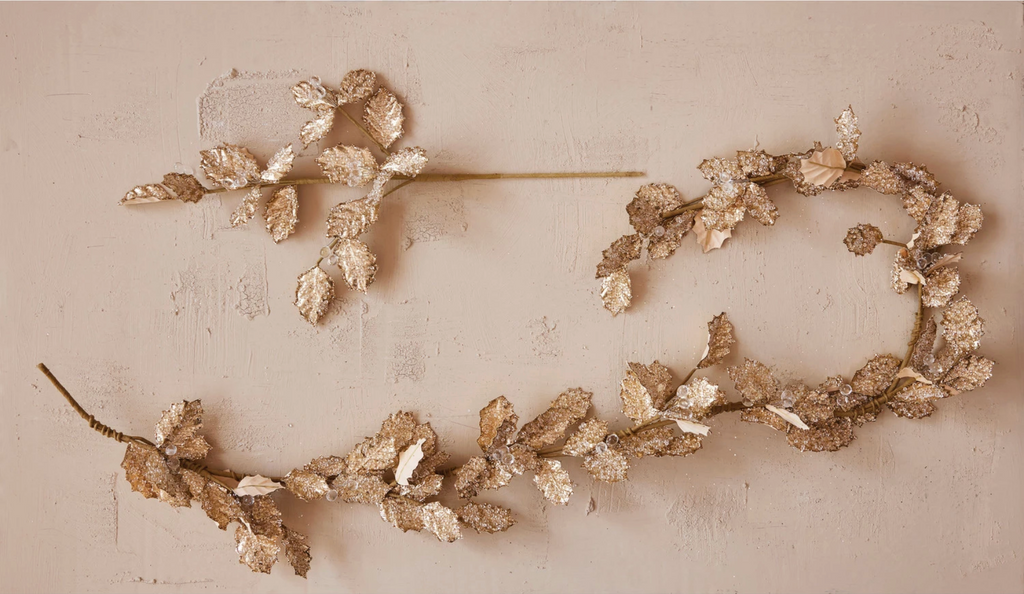 Fabric Leaf Garland with Beads & Glitter, Gold Color & Ice Finish
