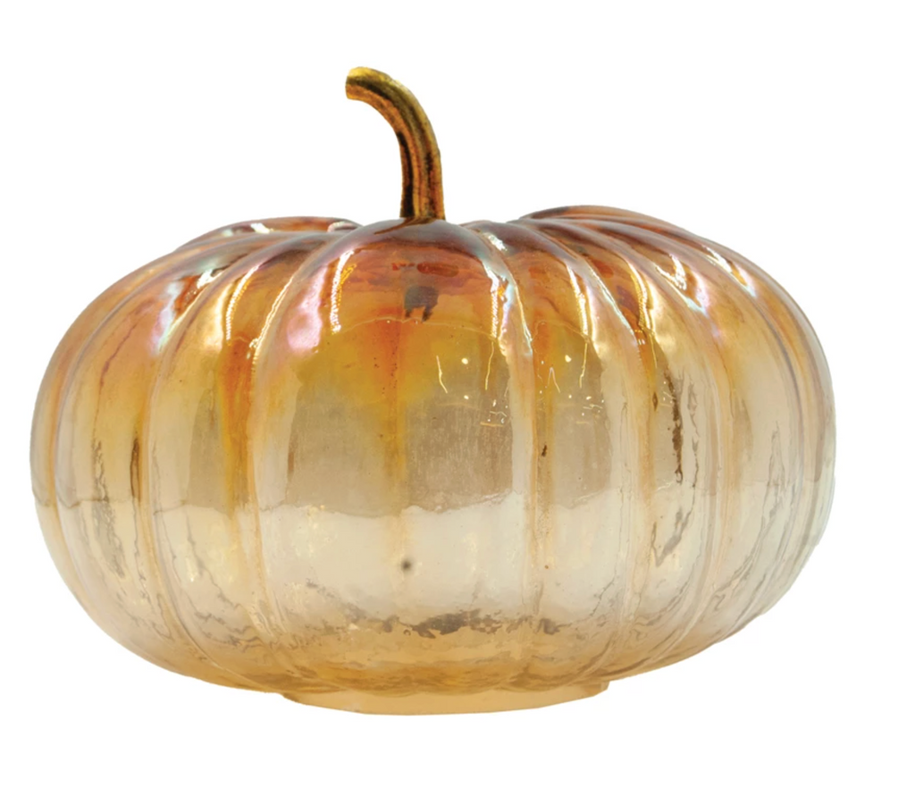 Glass Pumpkin with Brass Stem, Iridescent Finish, Amber Color